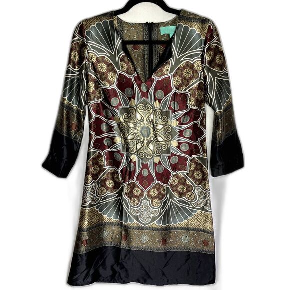 3/4 Sleeve Silk Print Shift Dress Multicolor Size S - Picture 2 of 4